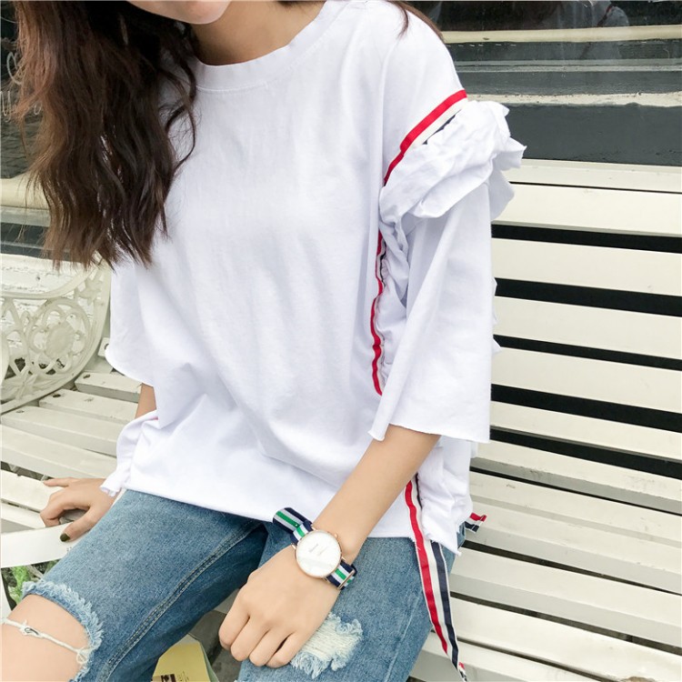 TE9357HLL T-shirt alla moda coreana con balze, collo rotondo e mezza manica-5