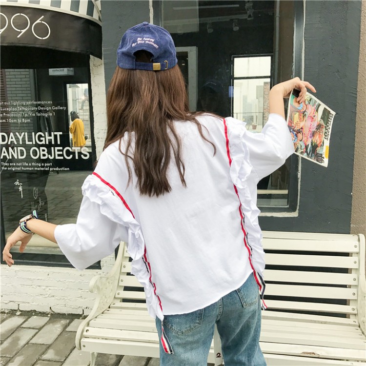 TE9357HLL T-shirt alla moda coreana con balze, collo rotondo e mezza manica-6