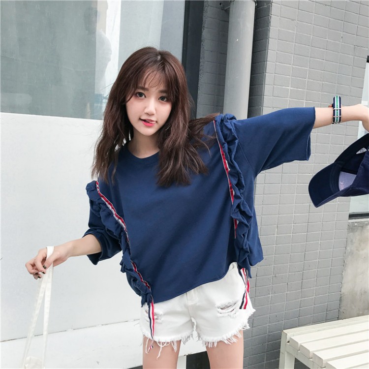 TE9357HLL T-shirt alla moda coreana con balze, collo rotondo e mezza manica-7