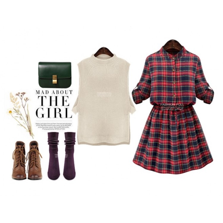 TE9360MG Abito alla moda europea taglie forti a quadri con vita slim-1