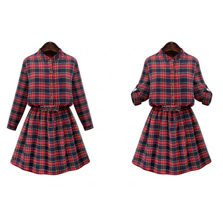 TE9360MG Abito alla moda europea taglie forti a quadri con vita slim-4