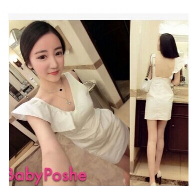 TE9585YBF Abito sexy con scollo a V, monospalla, balze, schiena scoperta-5