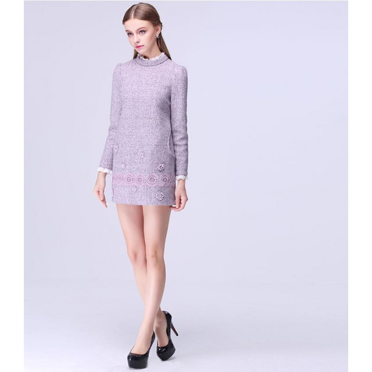 TE9639LLYG Abito a maniche lunghe ricamato con colletto in pizzo moda invernale-1