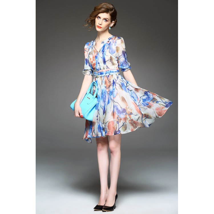 TE9647LLYG Abito slim in seta con stampa vintage divisa e scollo tondo nuovo stile estivo-1