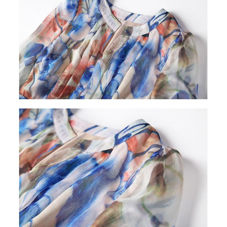 TE9647LLYG Abito slim in seta con stampa vintage divisa e scollo tondo nuovo stile estivo-4