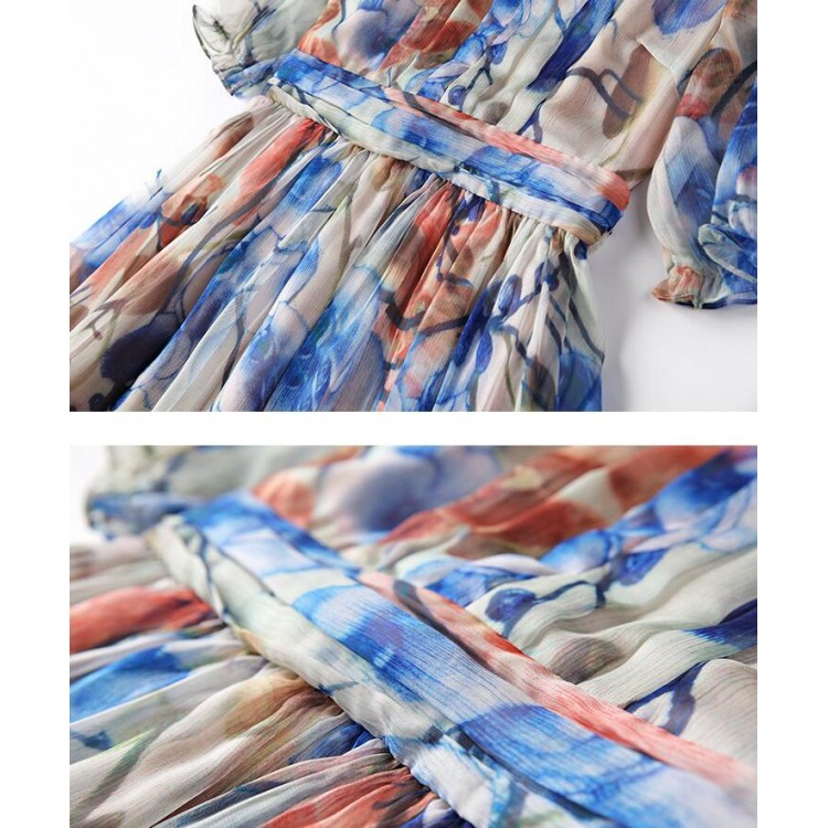 TE9647LLYG Abito slim in seta con stampa vintage divisa e scollo tondo nuovo stile estivo-5