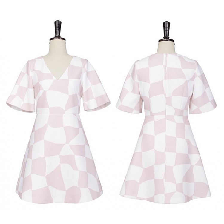 TE9649LLYG Abito slim con scollo a V da donna a quadri rosa moda Europa-6