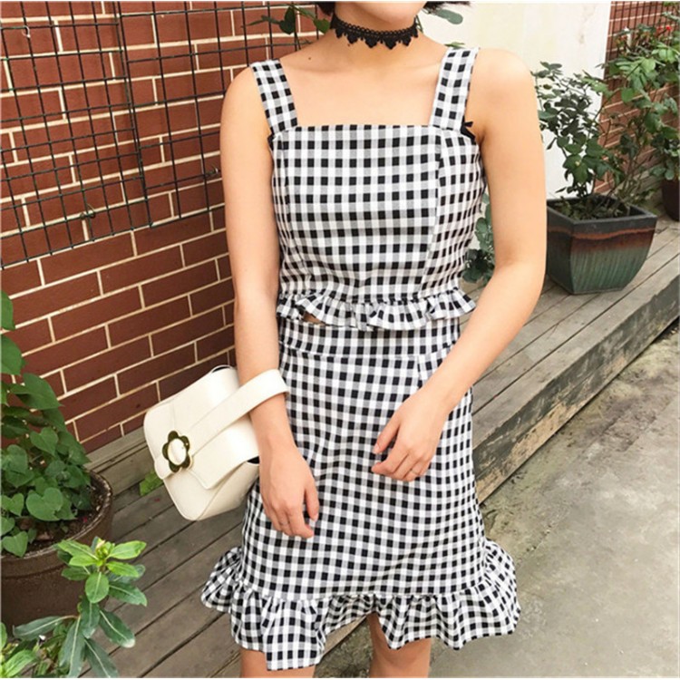 TE9768YSFS Top gallus a quadri con spalle scoperte e gonna a coda di pesce-1