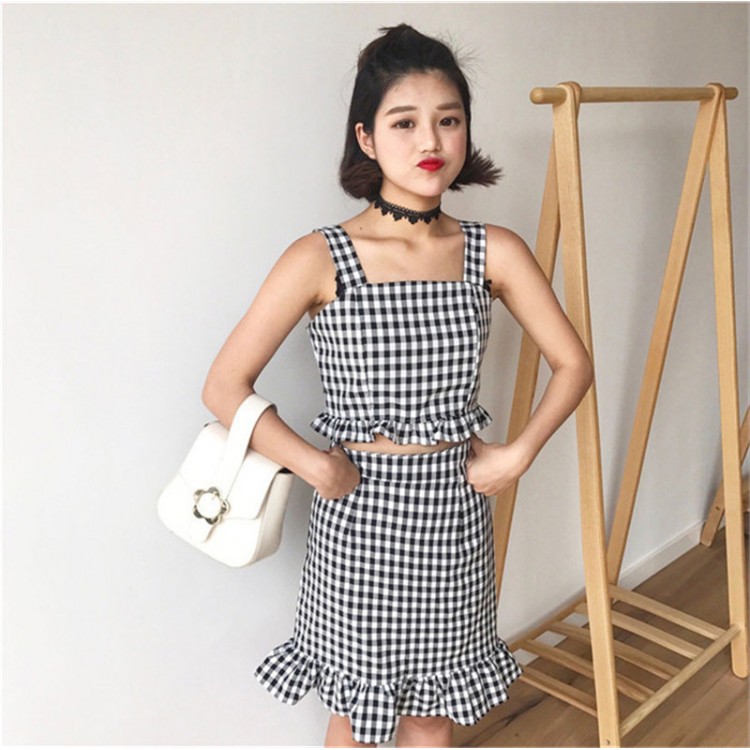 TE9768YSFS Top gallus a quadri con spalle scoperte e gonna a coda di pesce-3