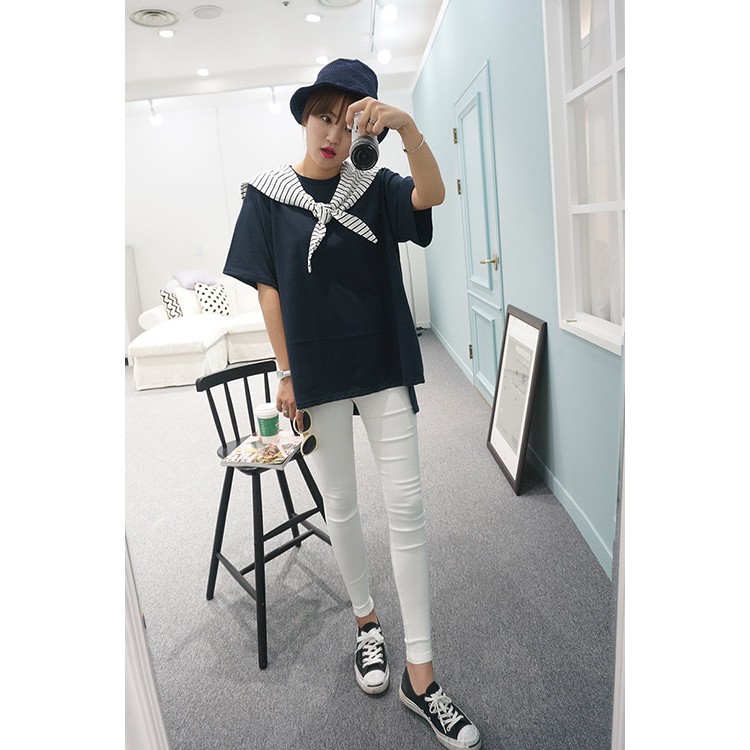 TE9790WJYS Top con scollo tondo, colletto allacciato e strisce stile navy-4