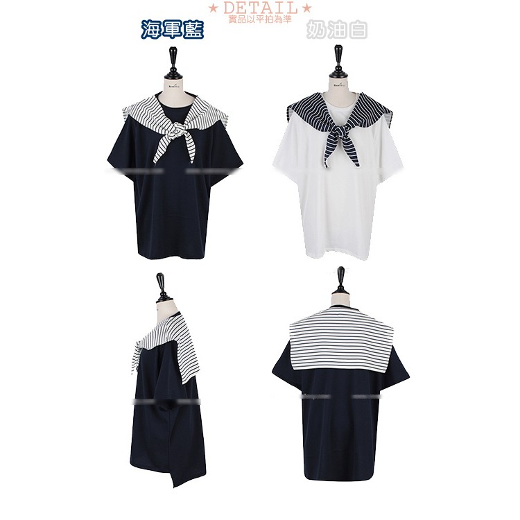 TE9790WJYS Top con scollo tondo, colletto allacciato e strisce stile navy-6