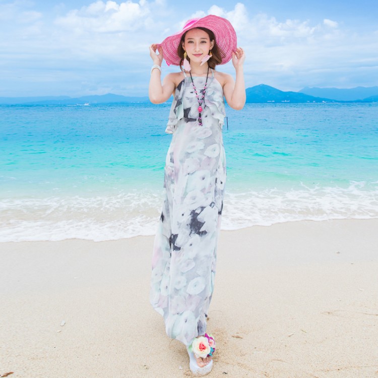 TE9864MSJ Maxi abito da spiaggia slim bohémien senza maniche con balze-5