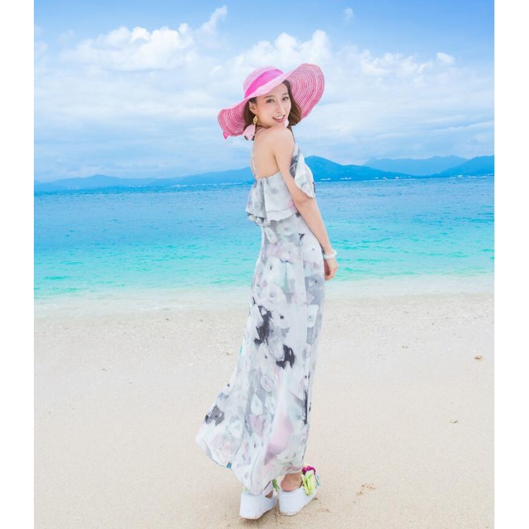 TE9864MSJ Maxi abito da spiaggia slim bohémien senza maniche con balze-1