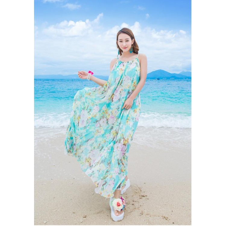 TE9866MSJ Maxi abito da spiaggia con stampa Bohemia in chiffon con cintura-1