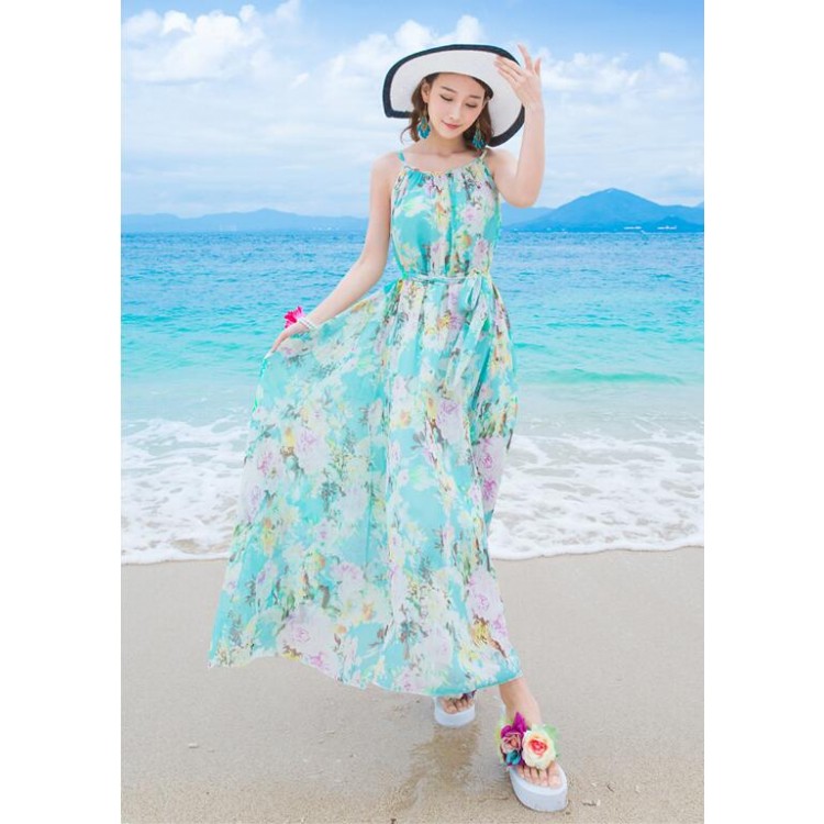 TE9866MSJ Maxi abito da spiaggia con stampa Bohemia in chiffon con cintura-3