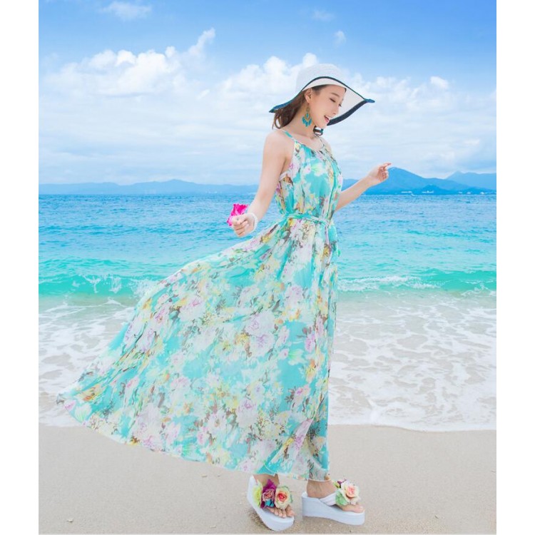 TE9866MSJ Maxi abito da spiaggia con stampa Bohemia in chiffon con cintura-4