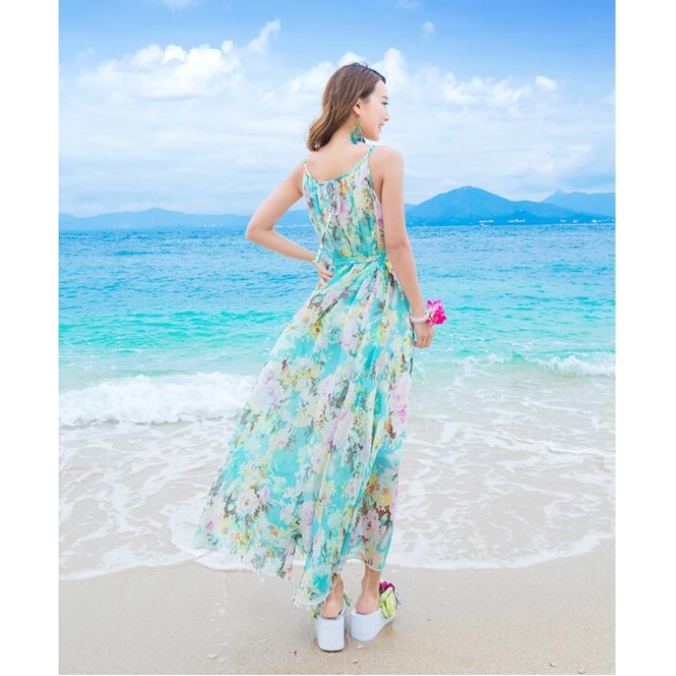 TE9866MSJ Maxi abito da spiaggia con stampa Bohemia in chiffon con cintura-2