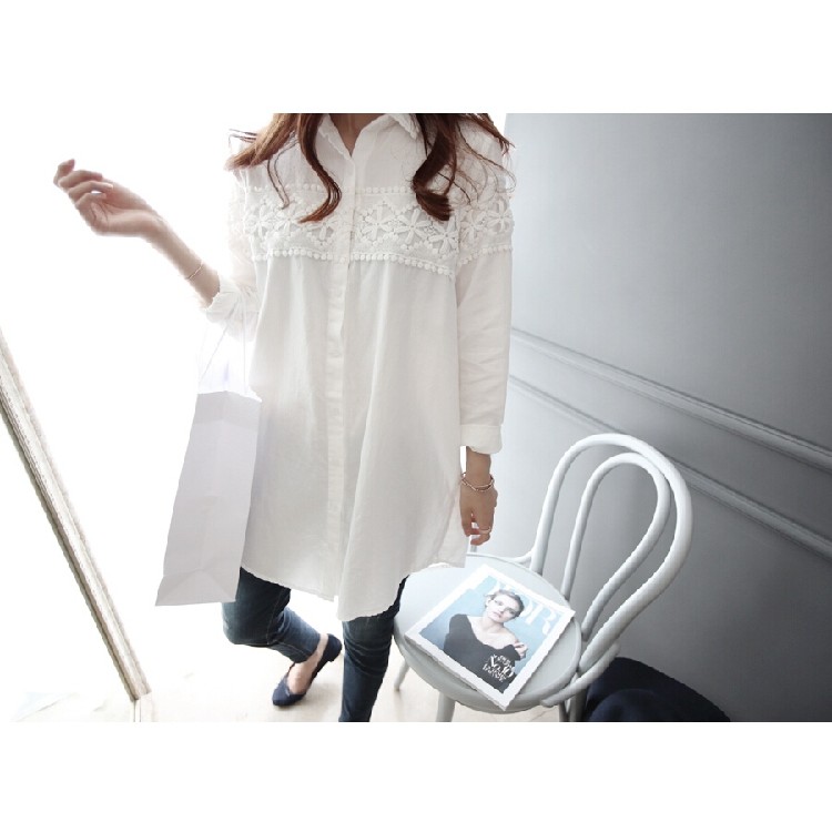 TE8453XNE Blusa lunga ampia e ampia con cuciture in pizzo-2