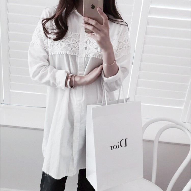 TE8453XNE Blusa lunga ampia e ampia con cuciture in pizzo-5