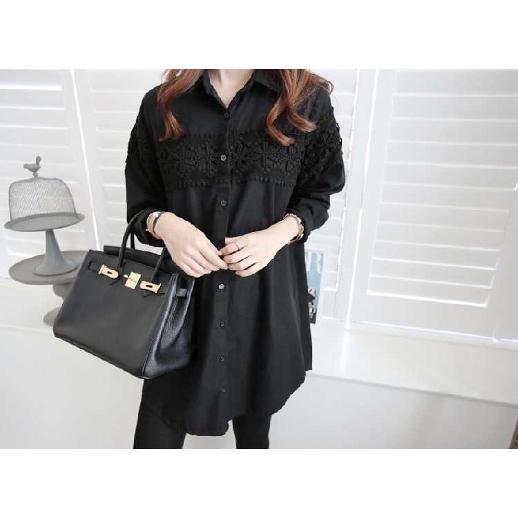 TE8453XNE Blusa lunga ampia e ampia con cuciture in pizzo-6