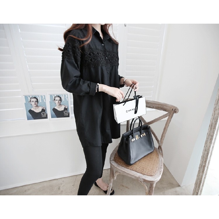 TE8453XNE Blusa lunga ampia e ampia con cuciture in pizzo-7