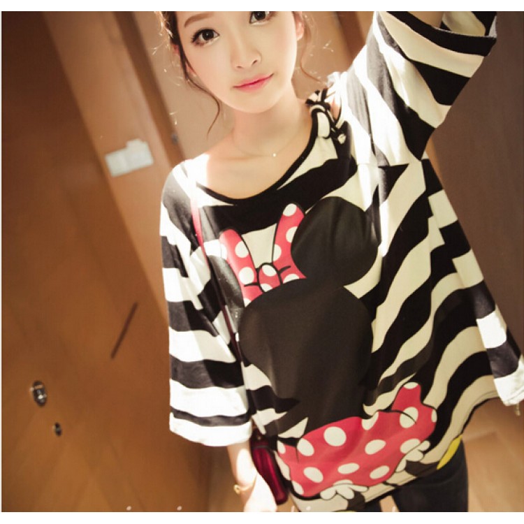 TE9898 T-shirt coreana con stampa di cartoni animati a righe sulle spalle-3