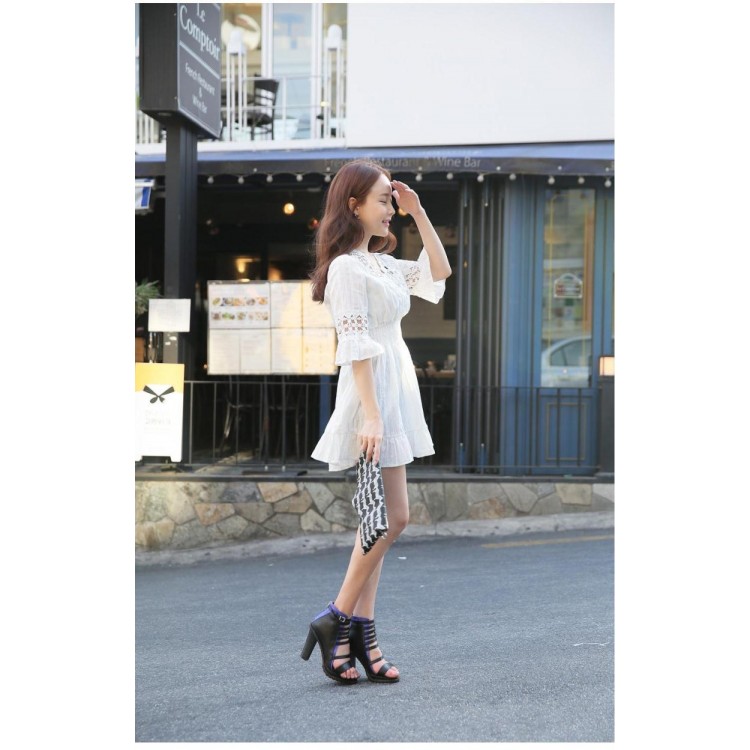 TE9910WJYS Abito a vita slim con cuciture a mezza manica in pizzo a tromba-3