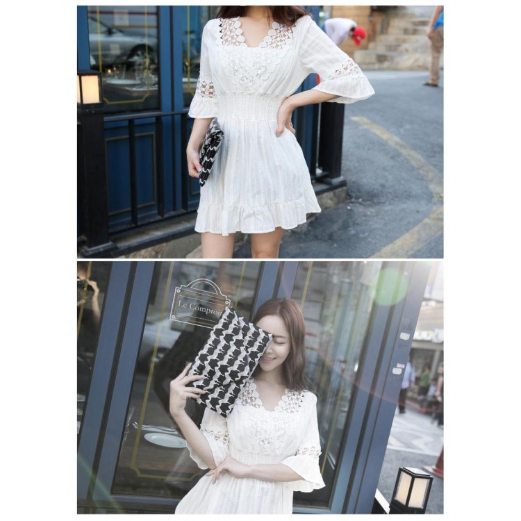 TE9910WJYS Abito a vita slim con cuciture a mezza manica in pizzo a tromba-6