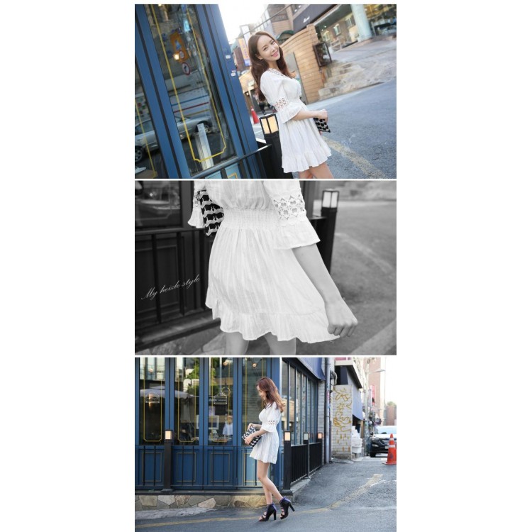 TE9910WJYS Abito a vita slim con cuciture a mezza manica in pizzo a tromba-8