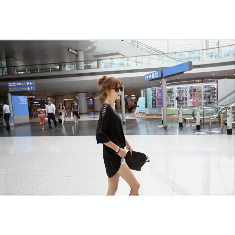 TE9911WJYS T-shirt ampia in modale con collo tondo, spalle scoperte-5