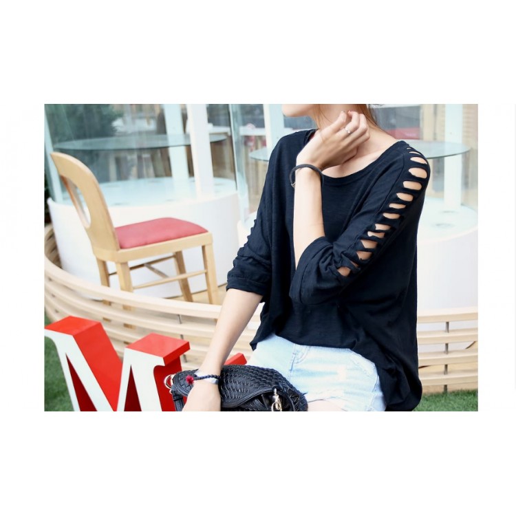 TE9911WJYS T-shirt ampia in modale con collo tondo, spalle scoperte-7