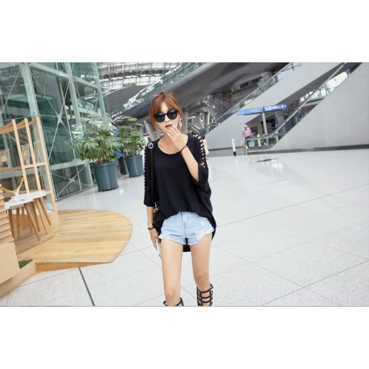 TE9911WJYS T-shirt ampia in modale con collo tondo, spalle scoperte-8