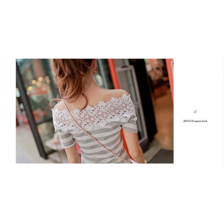 TE9929WJYS Abito a righe con giunture e scollatura in pizzo alla moda coreana-1