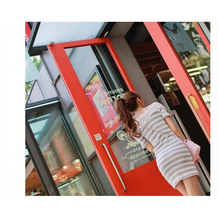 TE9929WJYS Abito a righe con giunture e scollatura in pizzo alla moda coreana-3