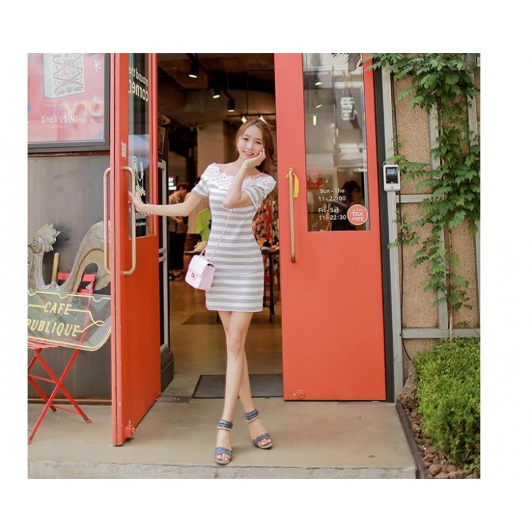 TE9929WJYS Abito a righe con giunture e scollatura in pizzo alla moda coreana-5