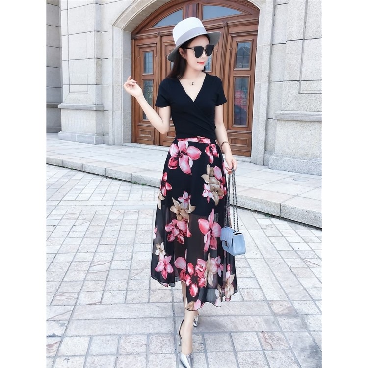 TE9951YBF T-shirt alla moda a maniche corte con allacciatura sexy e gonna in chiffon stampato-2