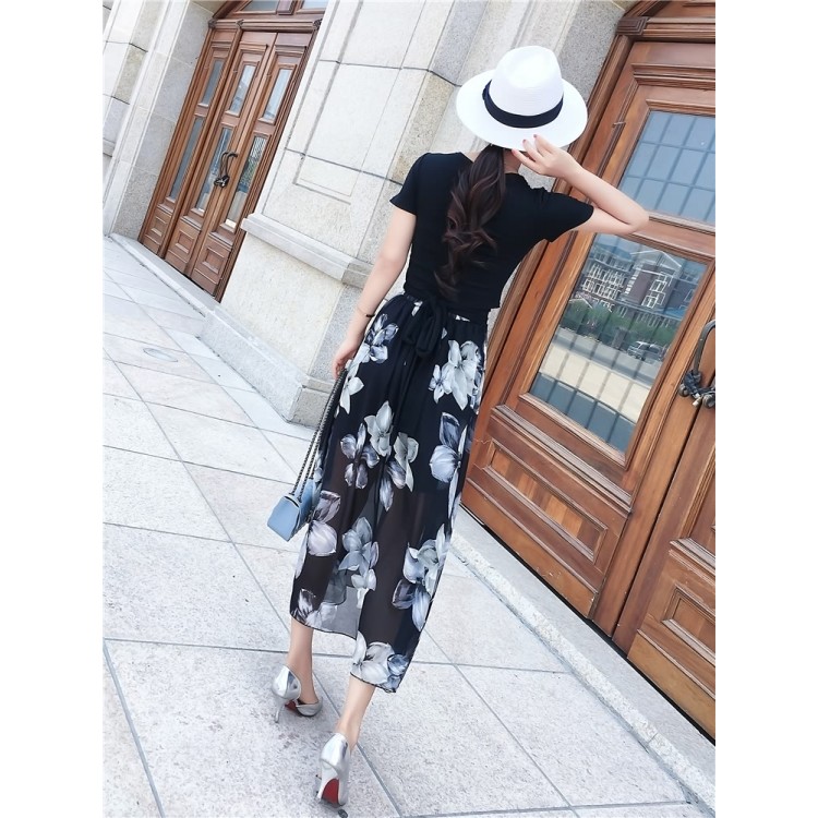 TE9951YBF T-shirt alla moda a maniche corte con allacciatura sexy e gonna in chiffon stampato-5