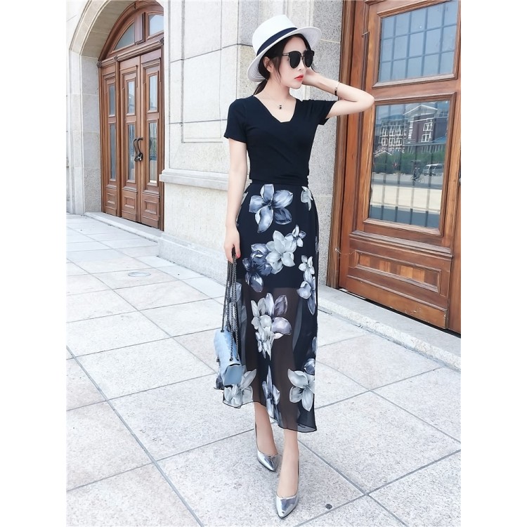 TE9951YBF T-shirt alla moda a maniche corte con allacciatura sexy e gonna in chiffon stampato-6