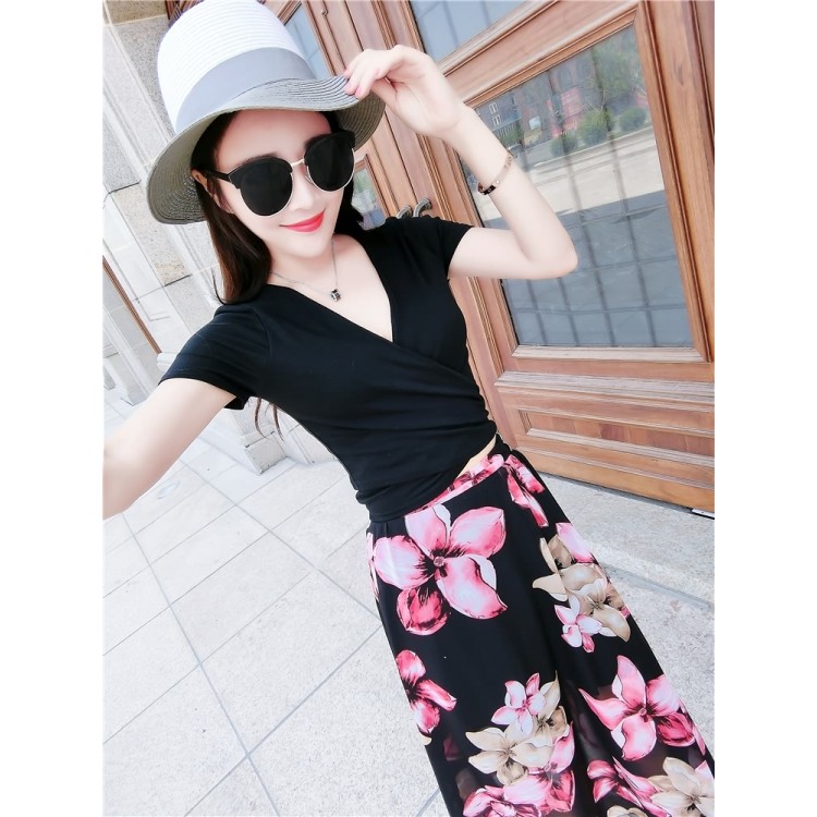 TE9951YBF T-shirt alla moda a maniche corte con allacciatura sexy e gonna in chiffon stampato-7