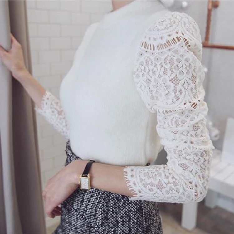 TE9985WJYS Top autunnali eleganti in maglia con giunture in pizzo-6