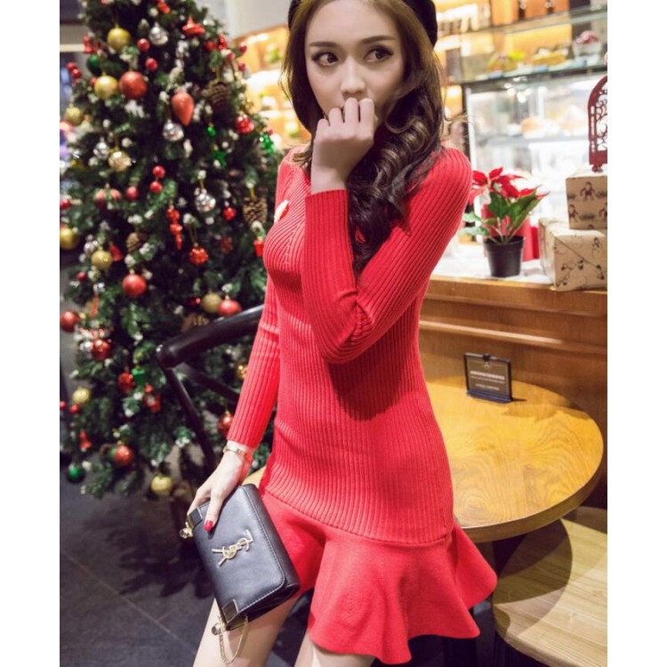 TEQ3099NYG Abito in maglia con collo alto e orlo a balze-1